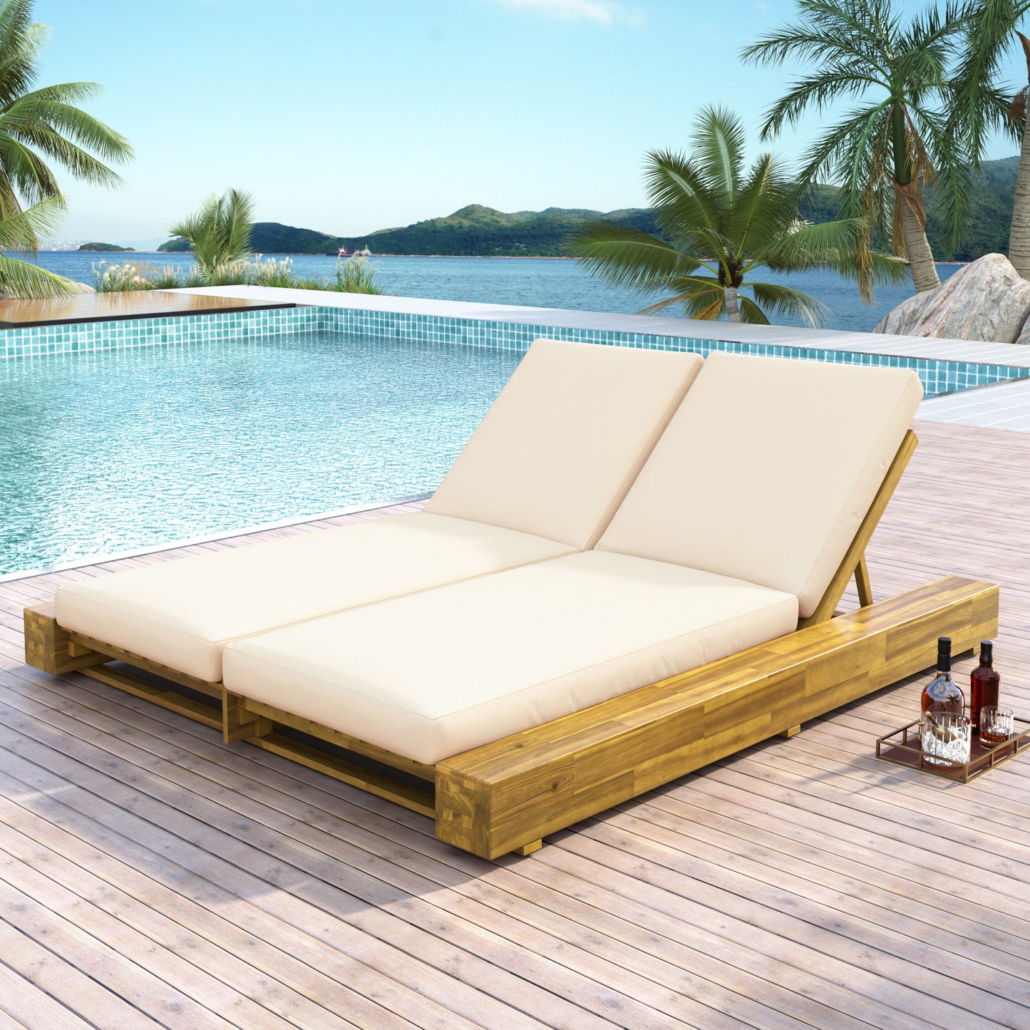 Junipar Outdoor Double Chaise Lounge, Acacia Wood, 4 Position Adjustable Back, 800lbs Capacity