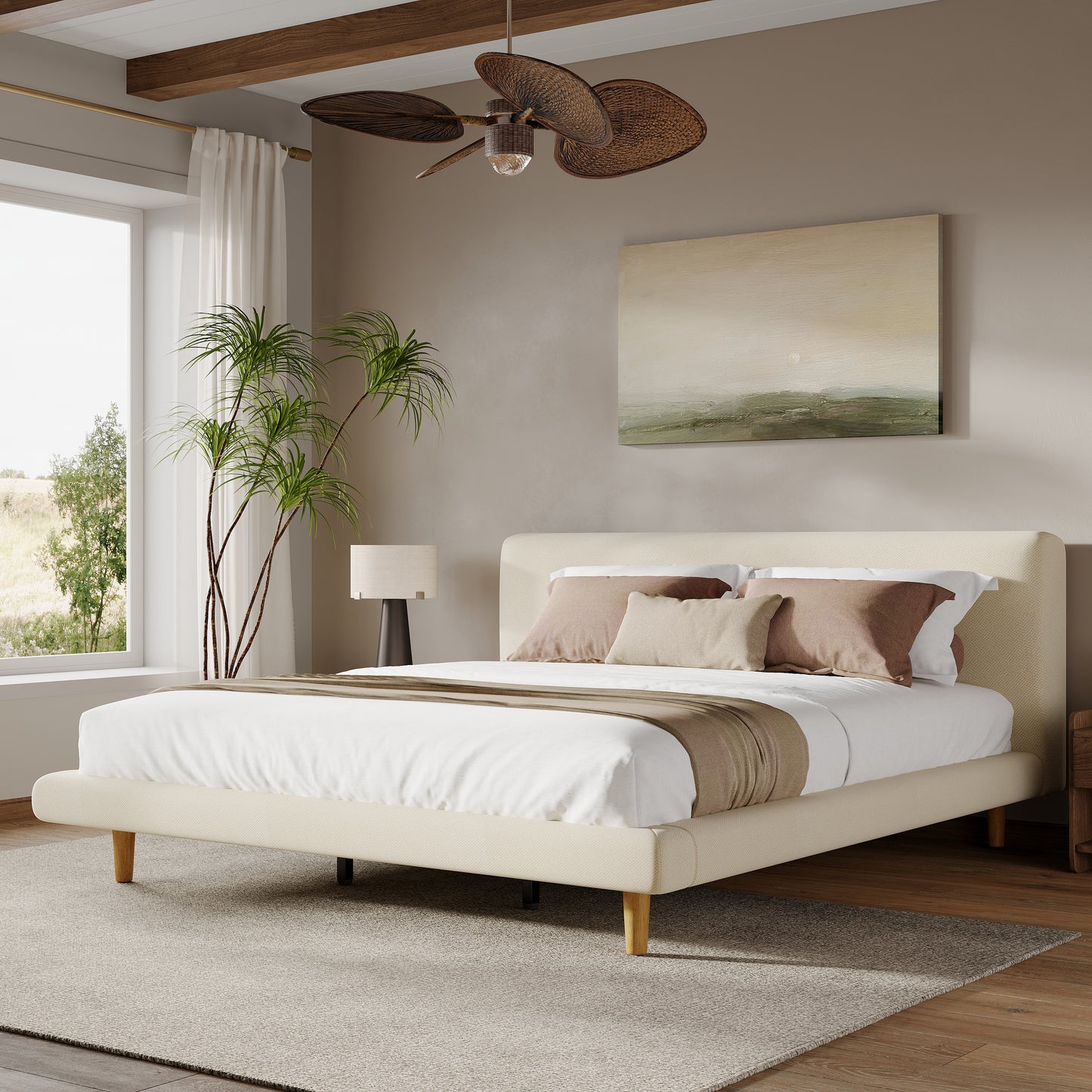 Hereward Beige Chunky Fabric King Bed Frame – Plush Textured Upholstery with Solid Rubberwood Legs, 800lbs Capacity