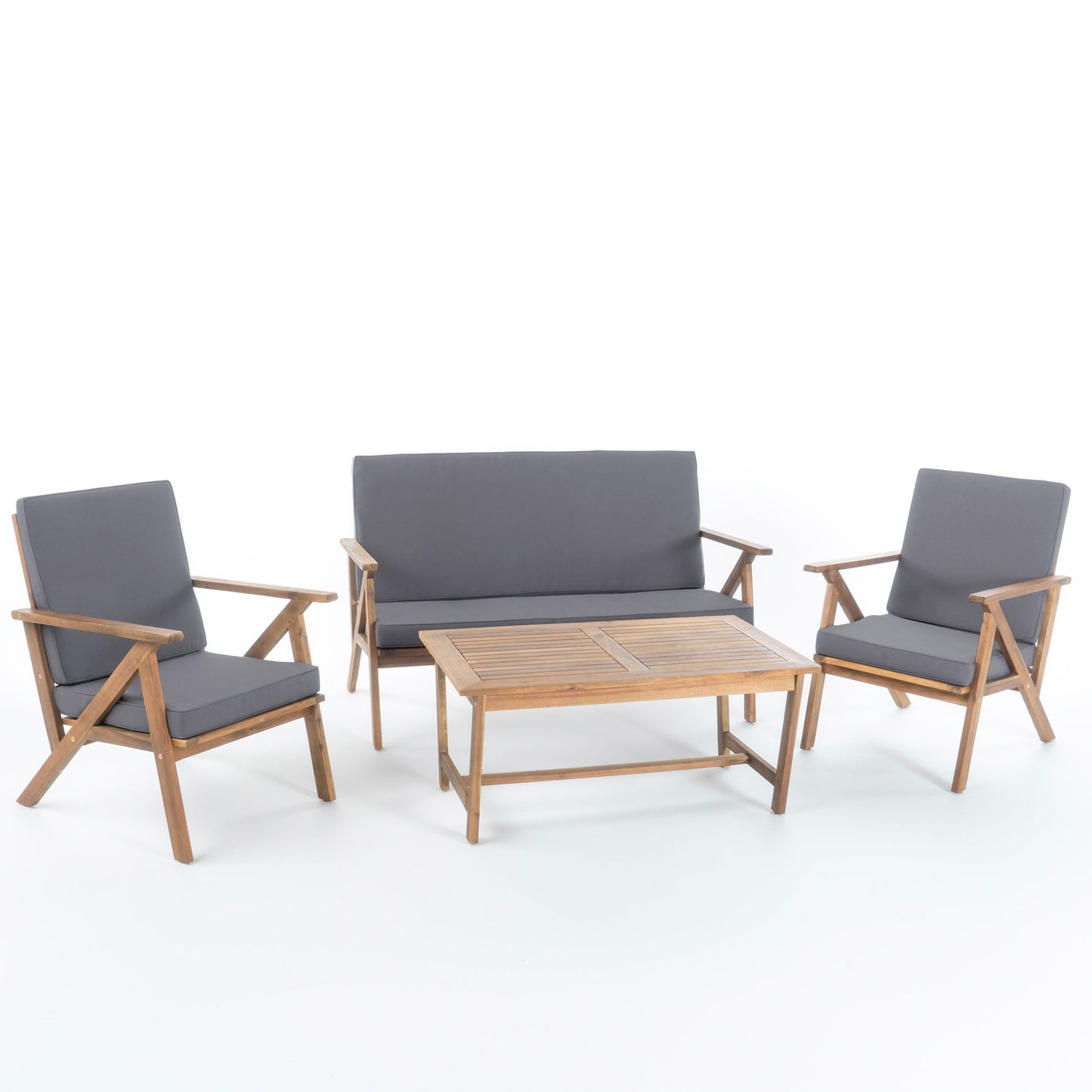 Manarola 4 Pc Outdoor Natural Wood Finish Chat Set w/ Water Resistant Cushion