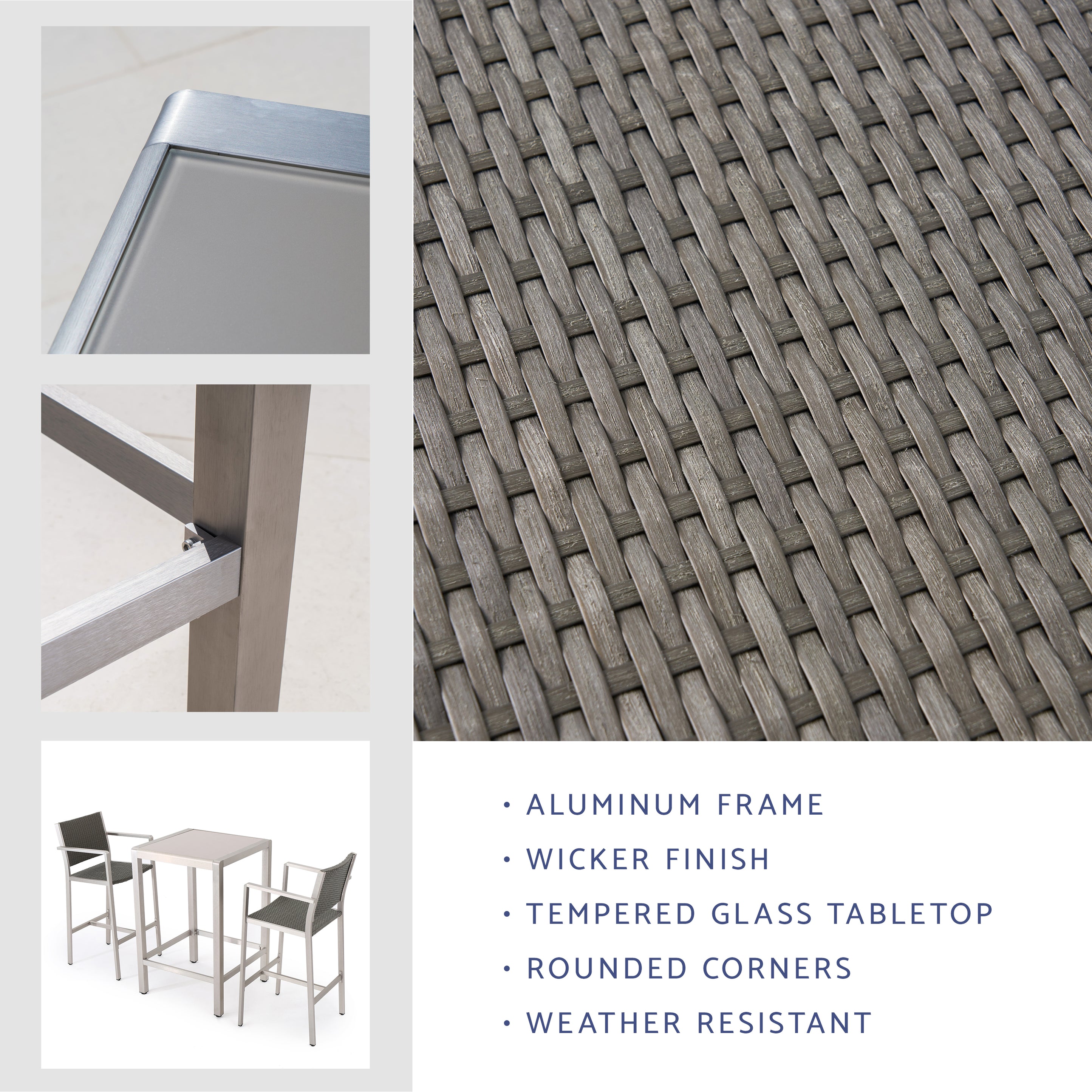 Capral Outdoor 3 Piece Grey Wicker Bar Set with Glass Table Top GDFStudio