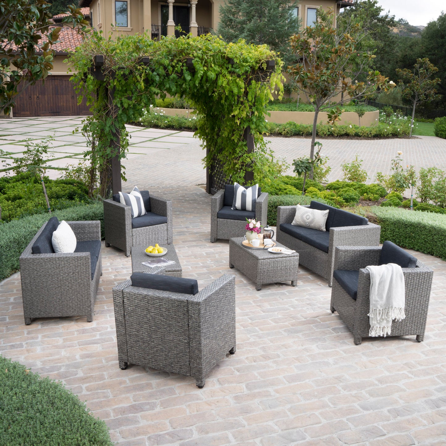 Feronia Outdoor 8 Pc Wicker Chat Set w/ Water Resistant Cushions