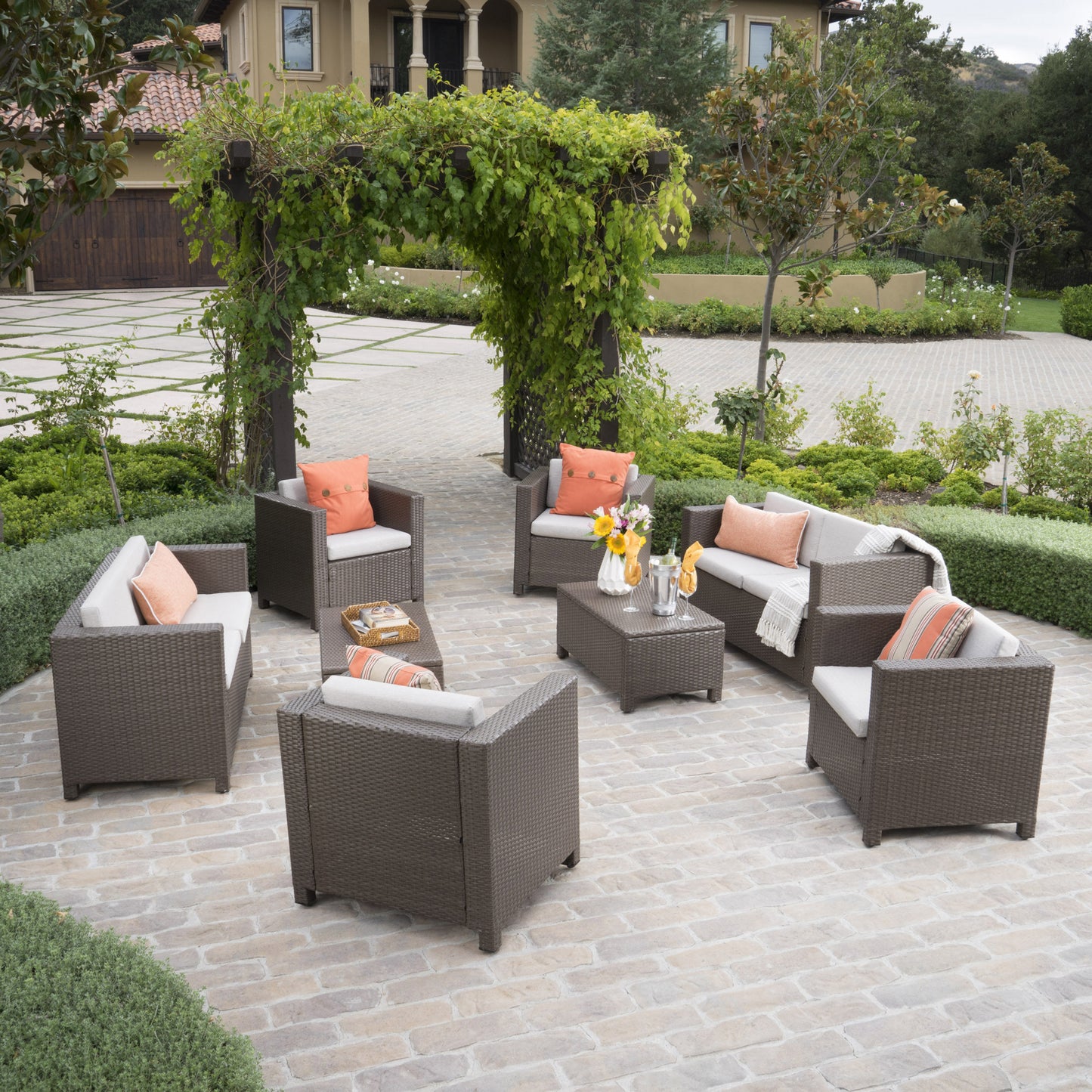 Feronia Outdoor 8 Pc Wicker Chat Set w/ Water Resistant Cushions