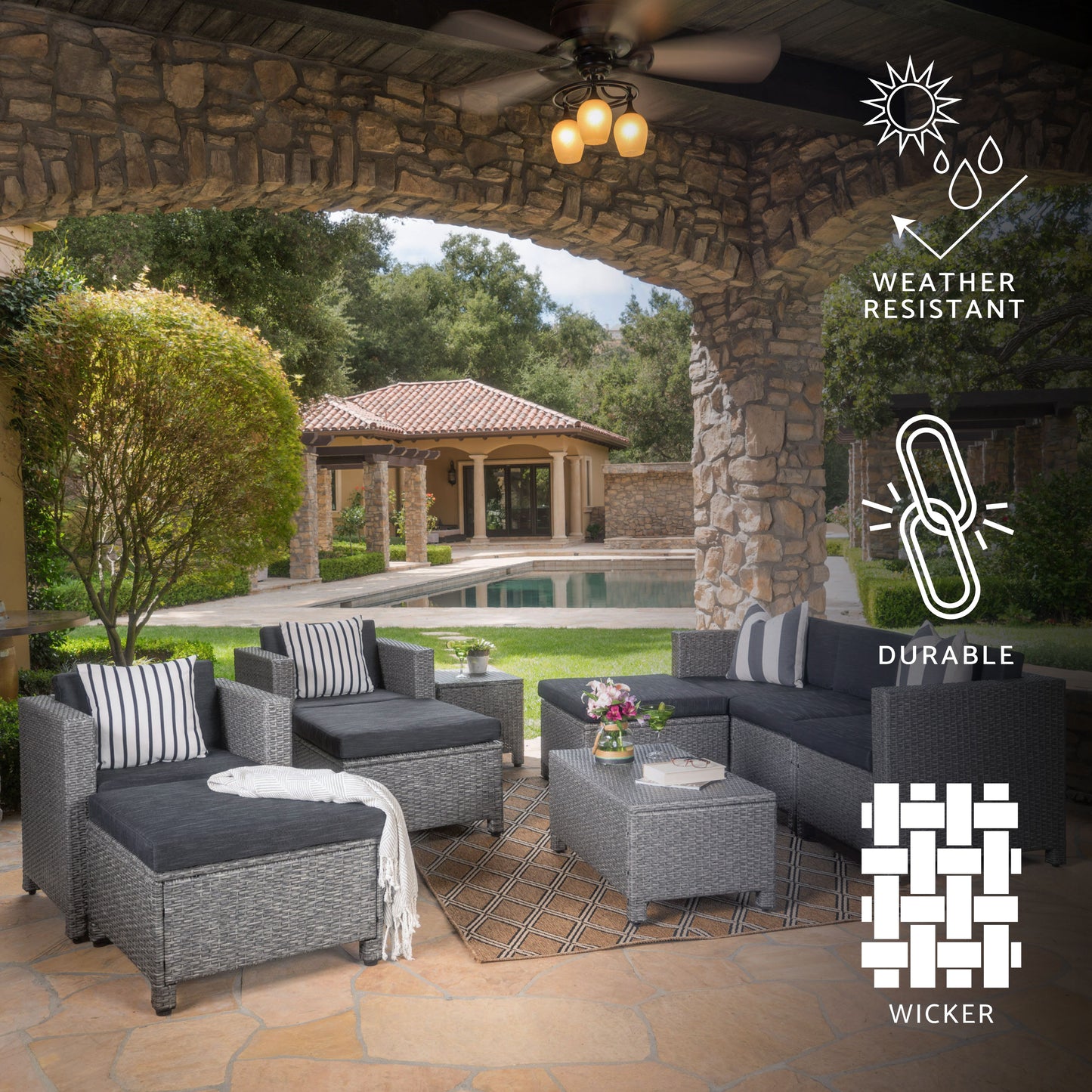 Feronia Outdoor 10 Piece Wicker Sofa Collection w/ Water Resistant Cushions