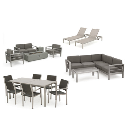 Coral Bay 17-Piece Grand Patio Sectional, Lounge, Dining Set & Light Grey Fire Table