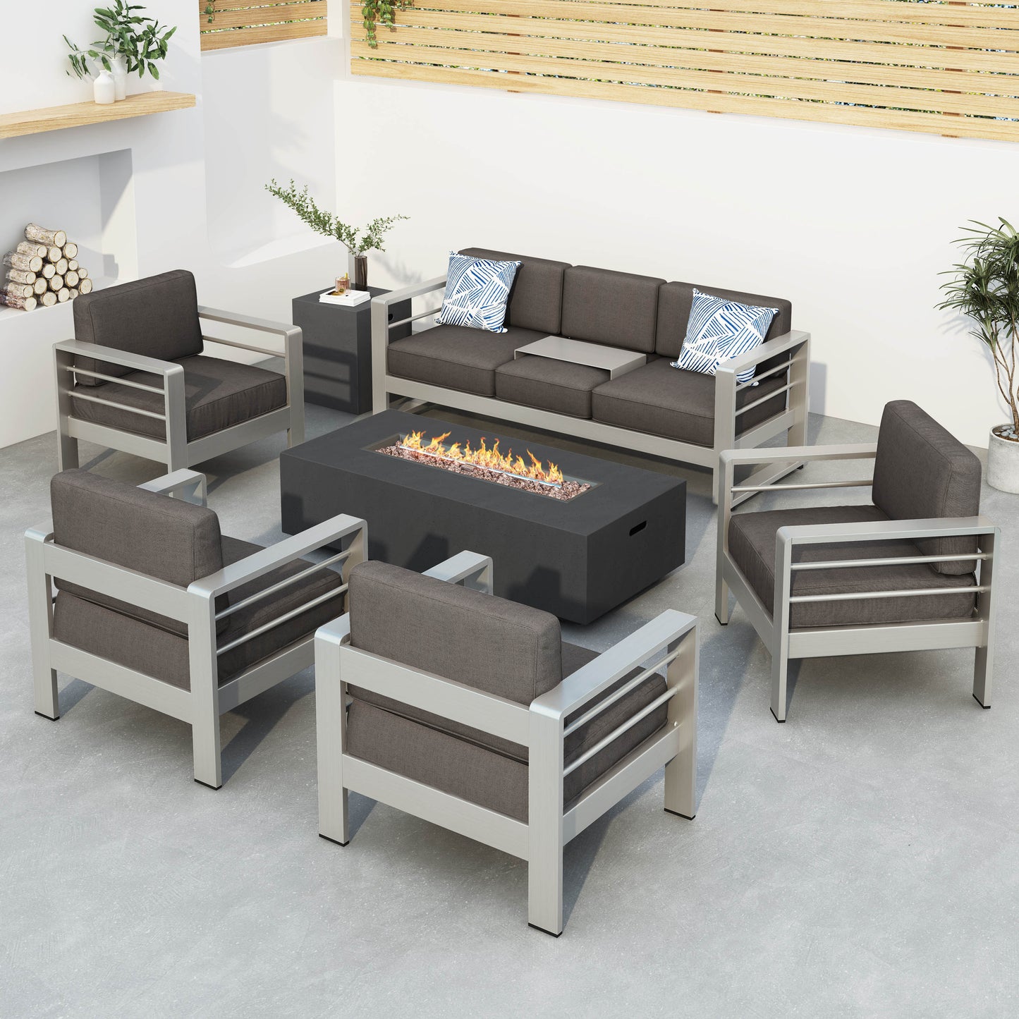 Coral Outdoor Aluminum 7 Seater Chat Set with Fire Pit