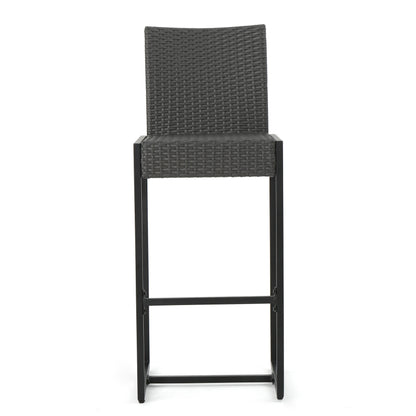 Conrad Outdoor Transitional 30-Inch Gray Wicker Barstools with Metal Frame