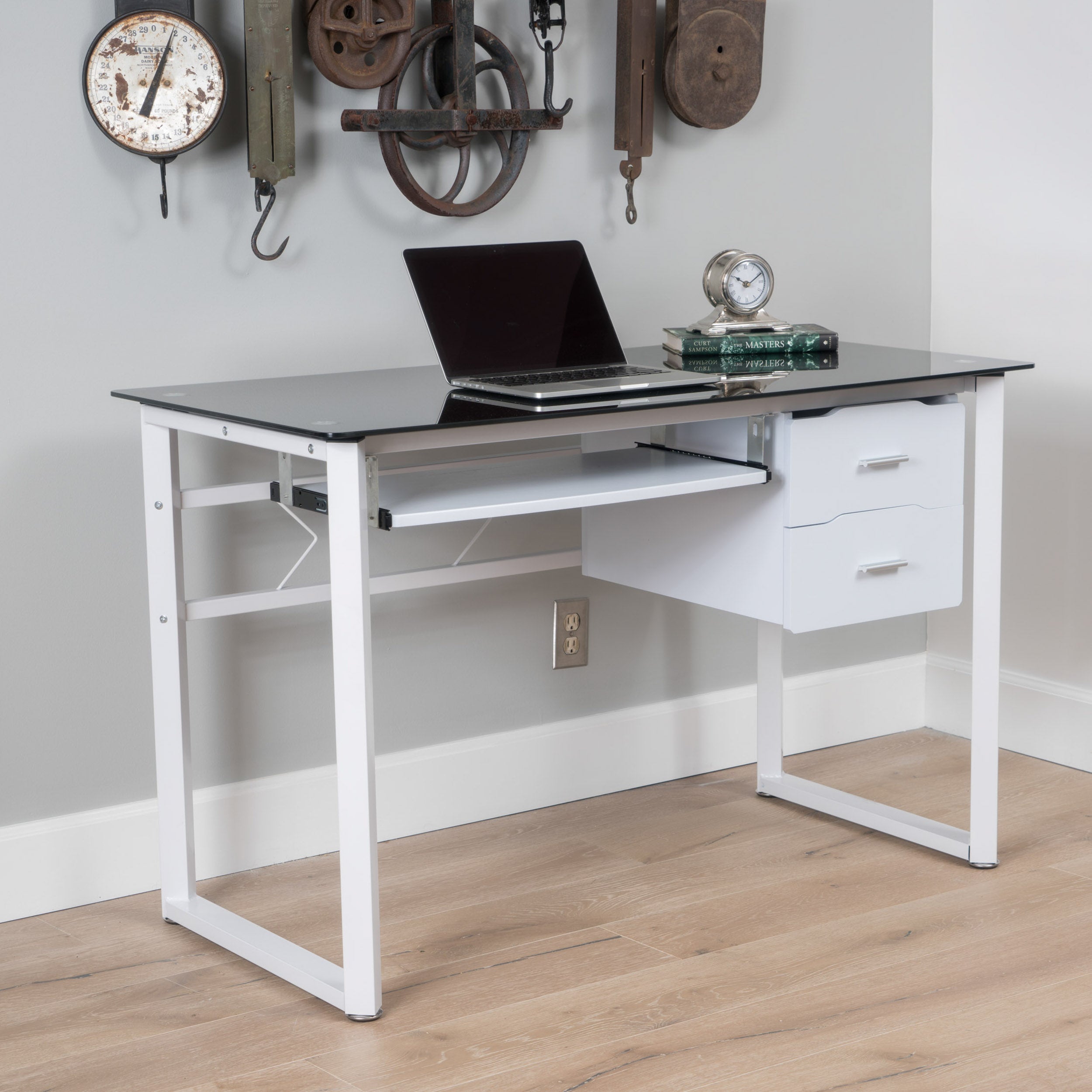 Modern glass deals desk with drawers