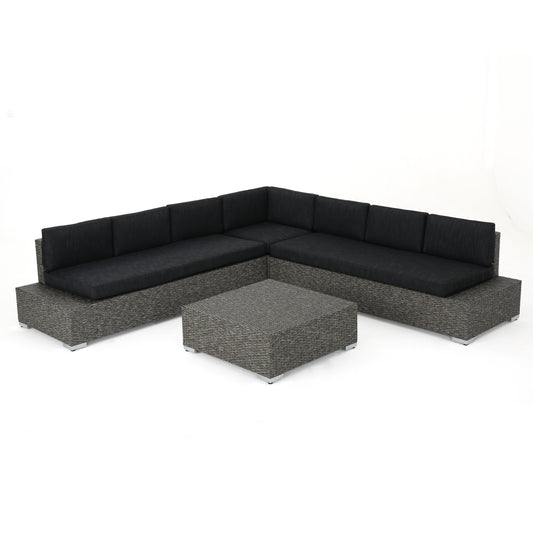 Pueblo Outdoor 7 Seat Wicker V Shaped Sectional Sofa w/ Water Resistant Cushions