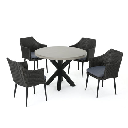 Nelson Outdoor Transitional 5 Piece Wicker Dining Set with Lightweight Concrete Table