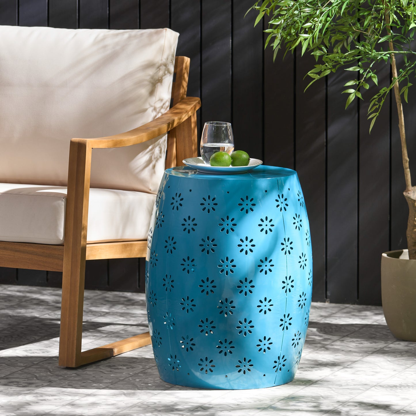 Breeze Outdoor Modern Floral Lace-Cut Metal Accent Side Table