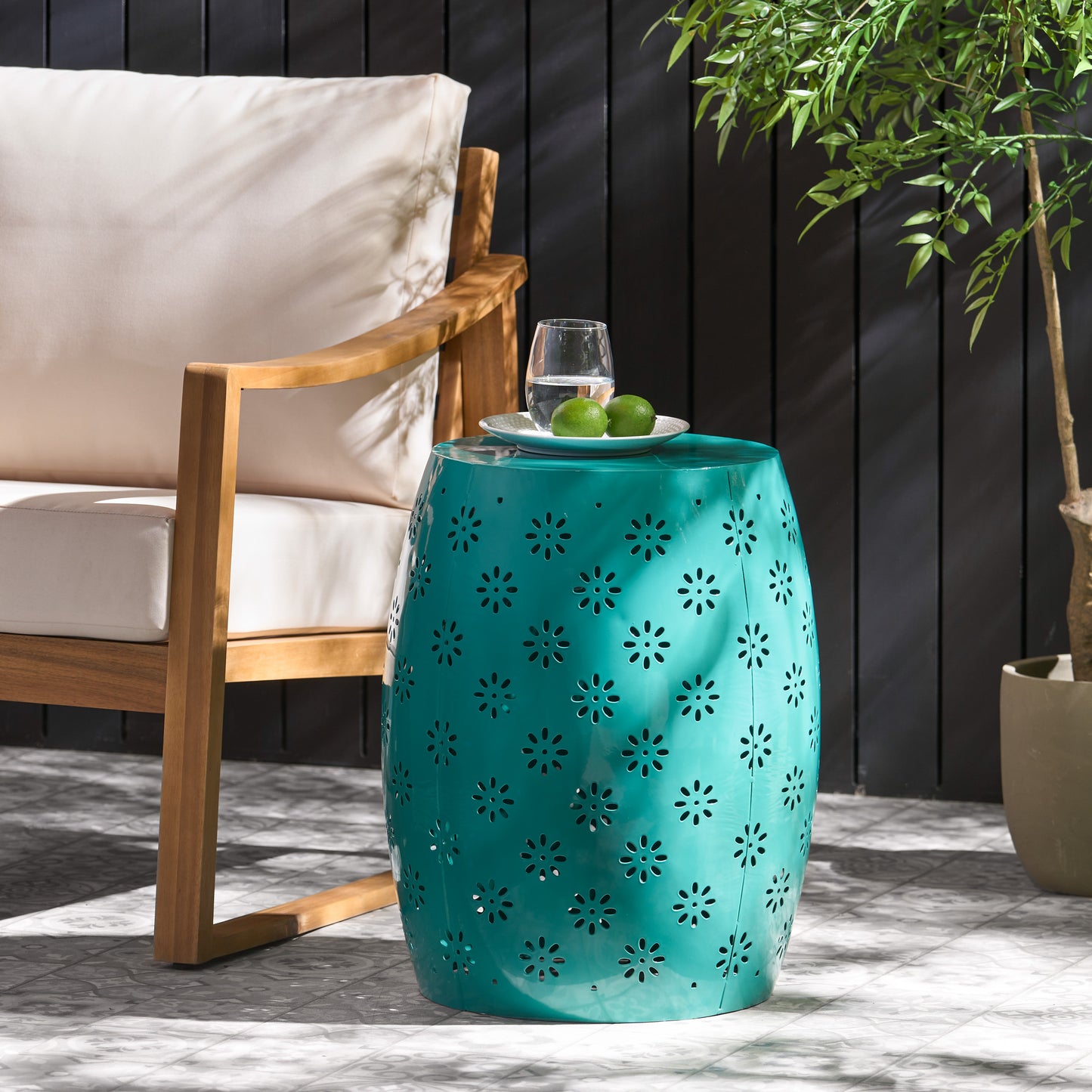 Breeze Outdoor Modern Floral Lace-Cut Metal Accent Side Table