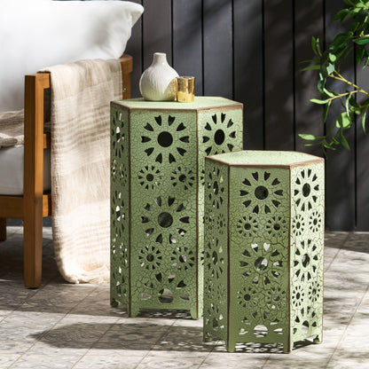 Elliot Outdoor 12 Inch and 14 Inch Crackle Green Sunburst Iron Side Table Set