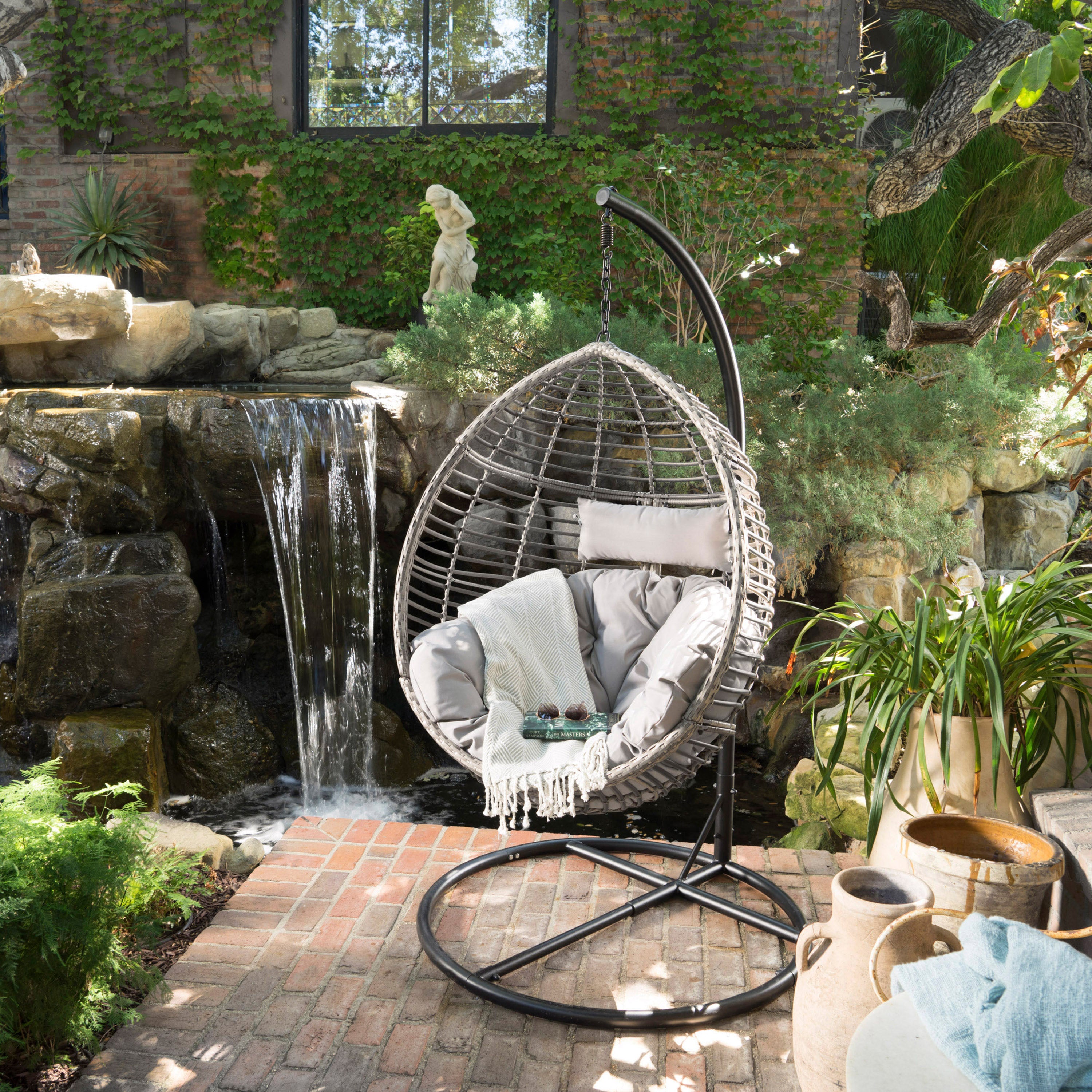 Leasa Outdoor Wicker Hanging Teardrop Egg Chair GDFStudio