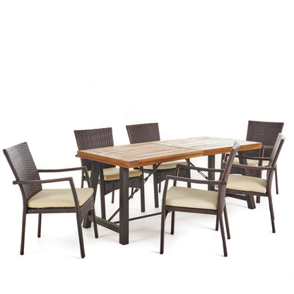 Landon Outdoor 7 Piece Dining Set with Teak Finished Wood Table and Brown Chairs