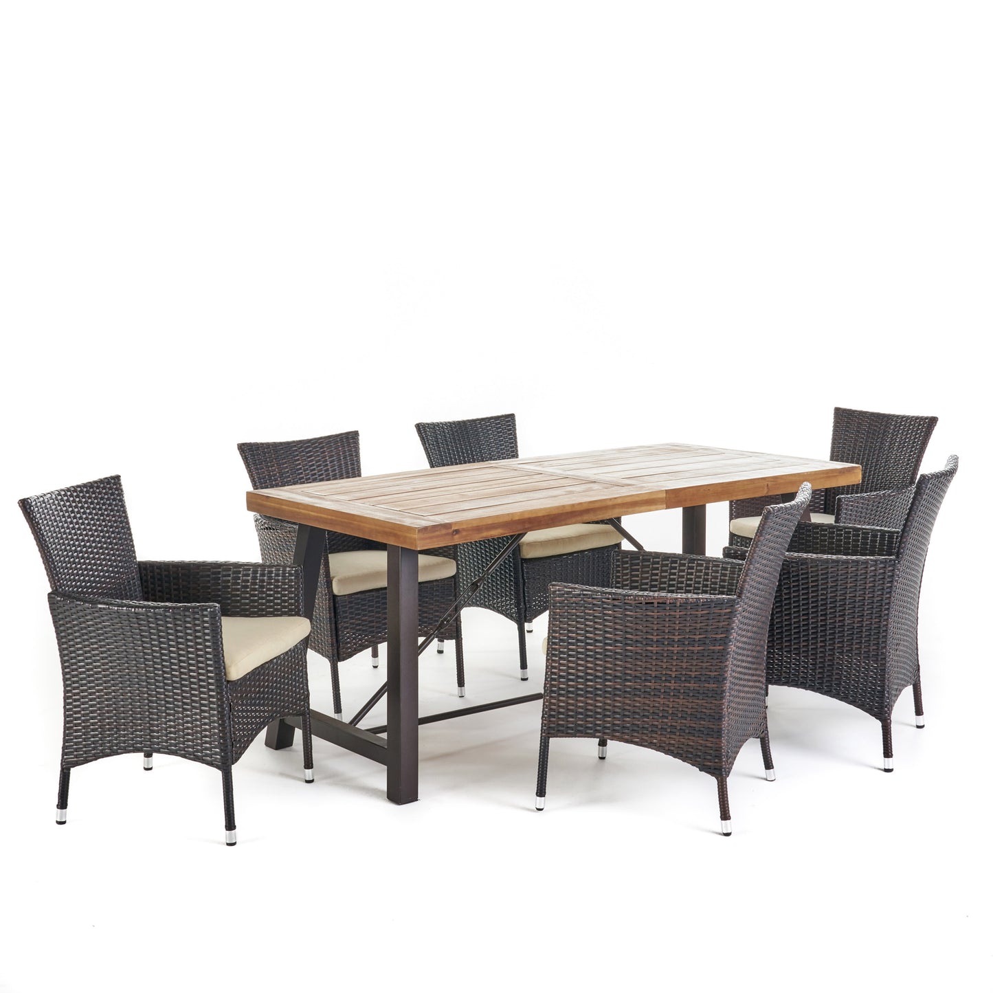 Toretto Outdoor 7 Piece Dining Set with Teak Finished Wood Table and Brown Chairs