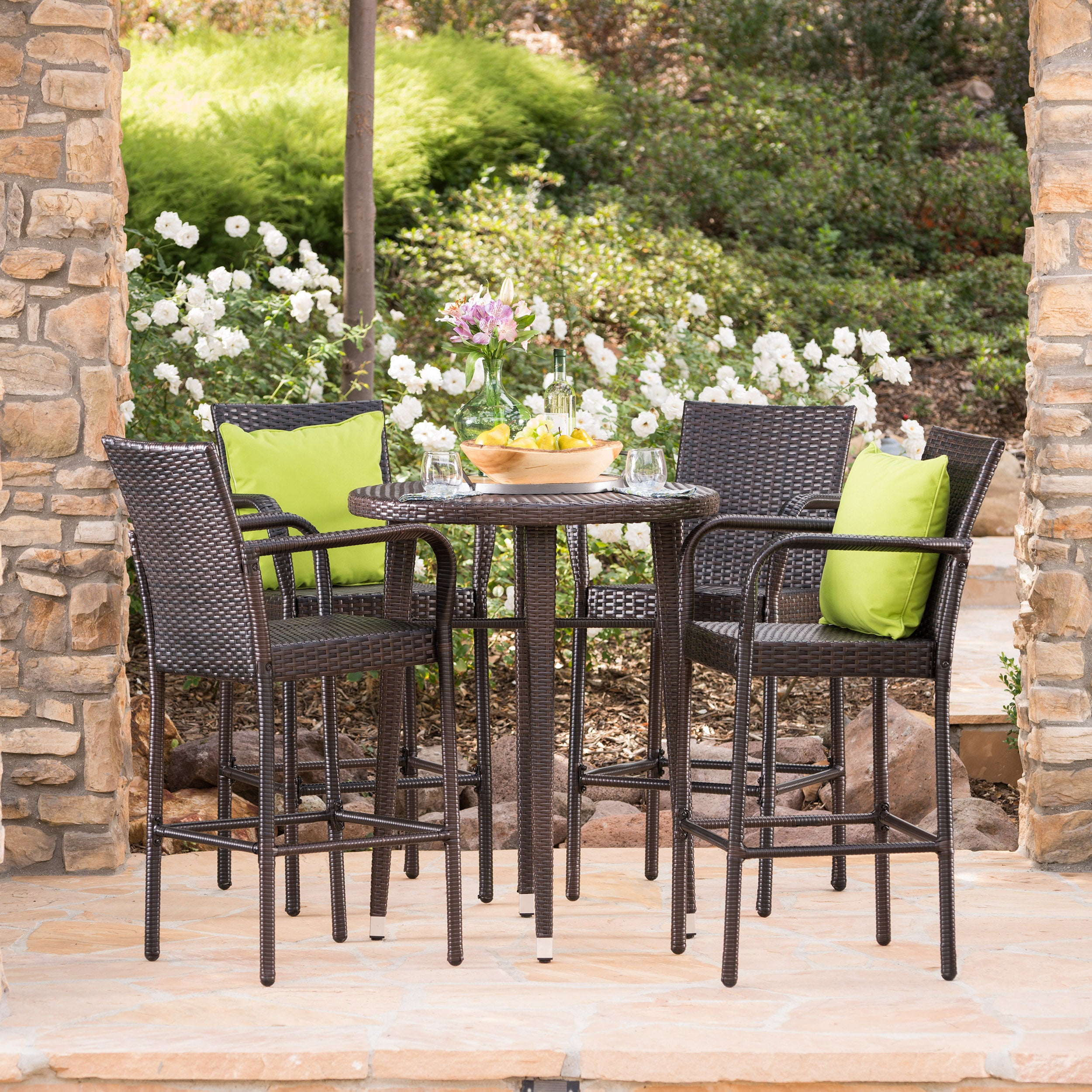 Patricia Outdoor 5 Piece Multi brown Wicker Round Bar Table Set