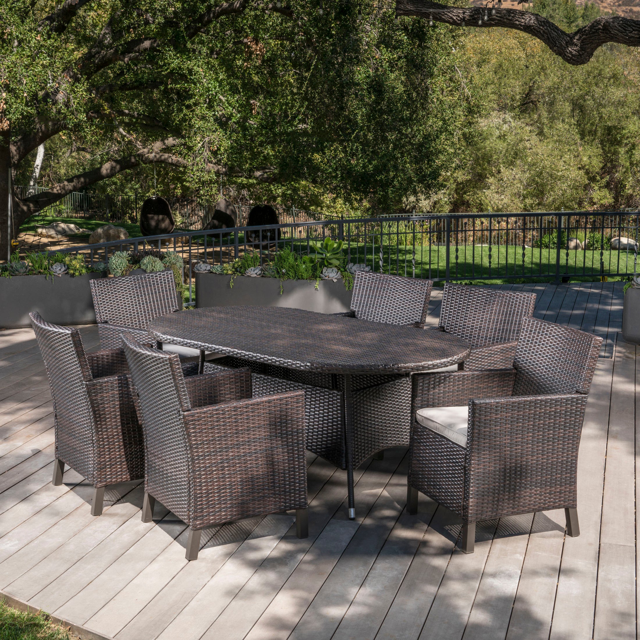 Cyril Outdoor 7 Piece Wicker Round Dining Set with Water Resistant Cus ...