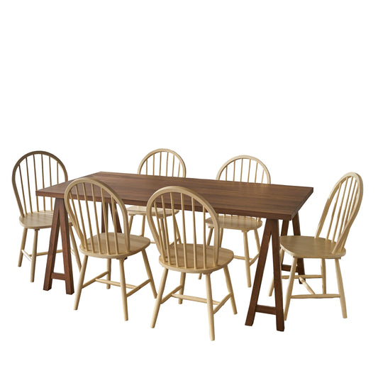 Angela Farmhouse Cottage 7 Piece Faux Wood Dining Set with Rubberwood Chairs, Antique White