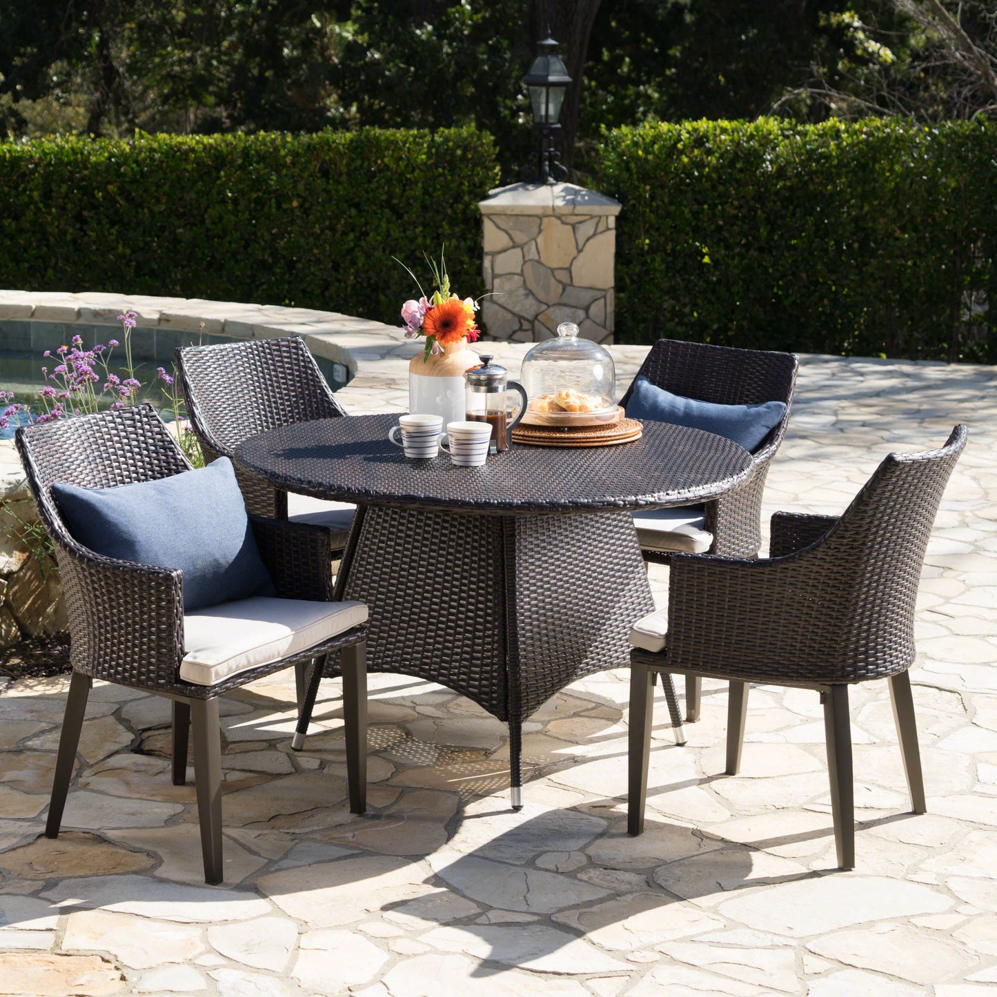 Leeward Outdoor 5 Piece Wicker Round Dining Set with Water Resistant Cushions