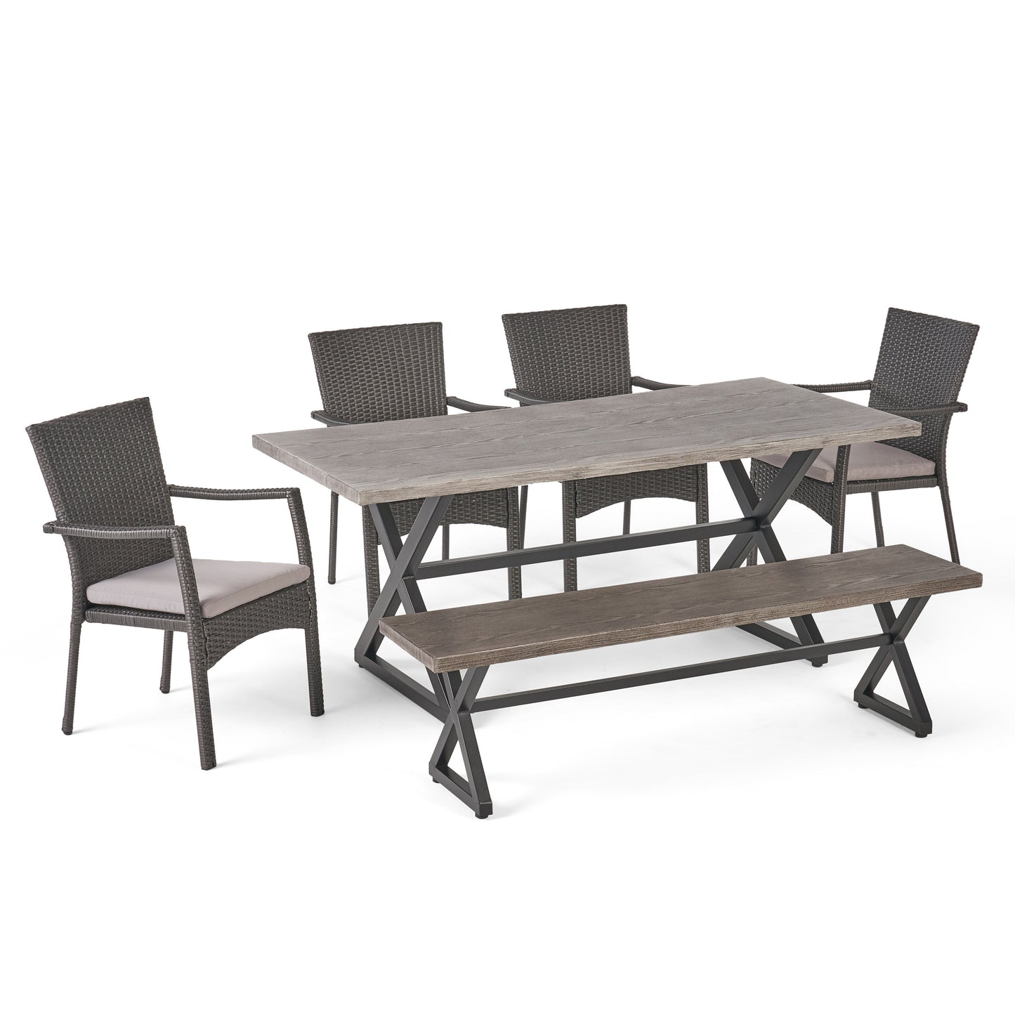 Tripoli Outdoor 6 Piece Aluminum Dining Set with Bench and Wicker Dining Chairs