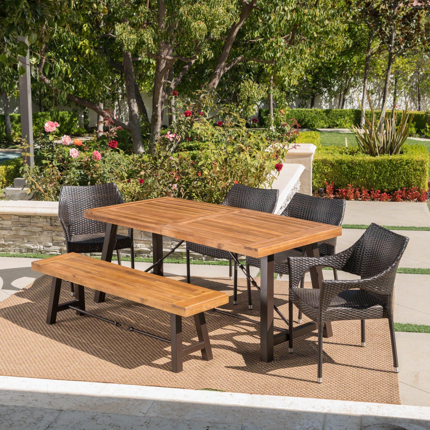Montenegro Outdoor 6 Piece Teak Finished Acacia Wood Dining Set with Stacking Chairs