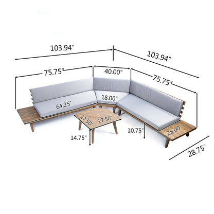 Hillside Mid Century Modern Outdoor Wood Platform Sectional With Built In End Tables & Coffee Table