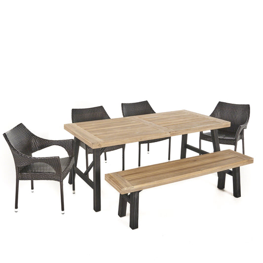 Secos Outdoor 6 Piece Acacia Wood Dining Set with Wicker Stacking Chairs