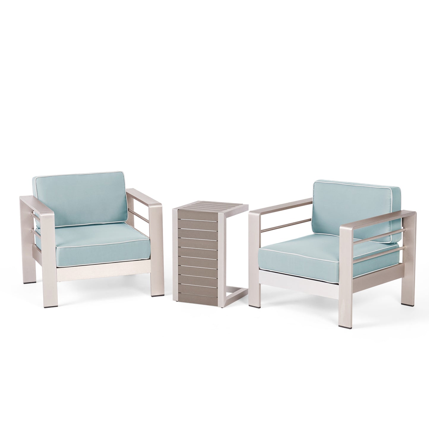 Crested Bay Outdoor 3 Piece Aluminum Framed Chat Set with Wicker C-Shaped Side Table
