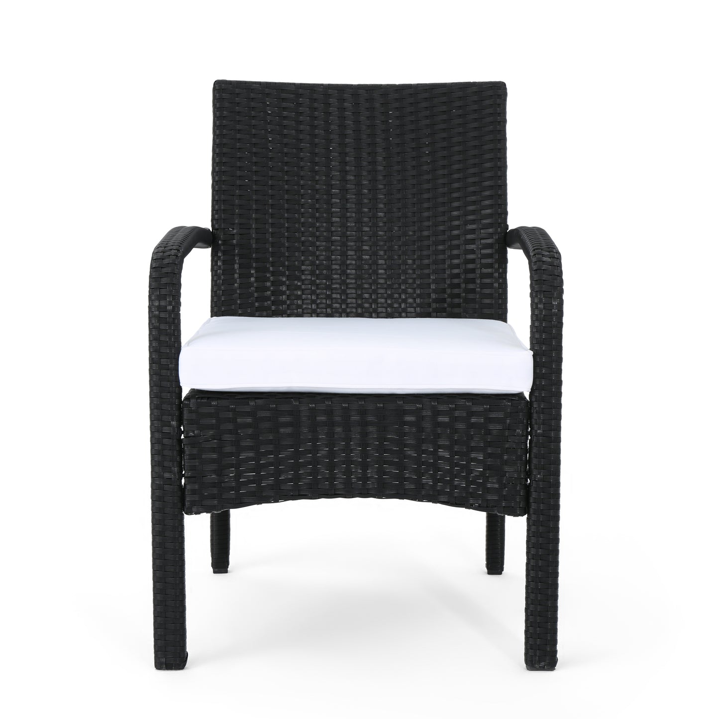 Carmela Outdoor 4 Piece Black Wicker Chat Set with White Water Resistant Cushions