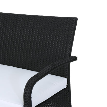 Carmela Outdoor 4 Piece Black Wicker Chat Set with White Water Resistant Cushions