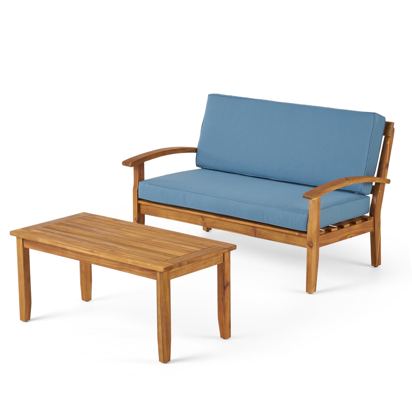 Keanu Outdoor Acacia Wood Loveseat and Coffee Table Set with Cushions