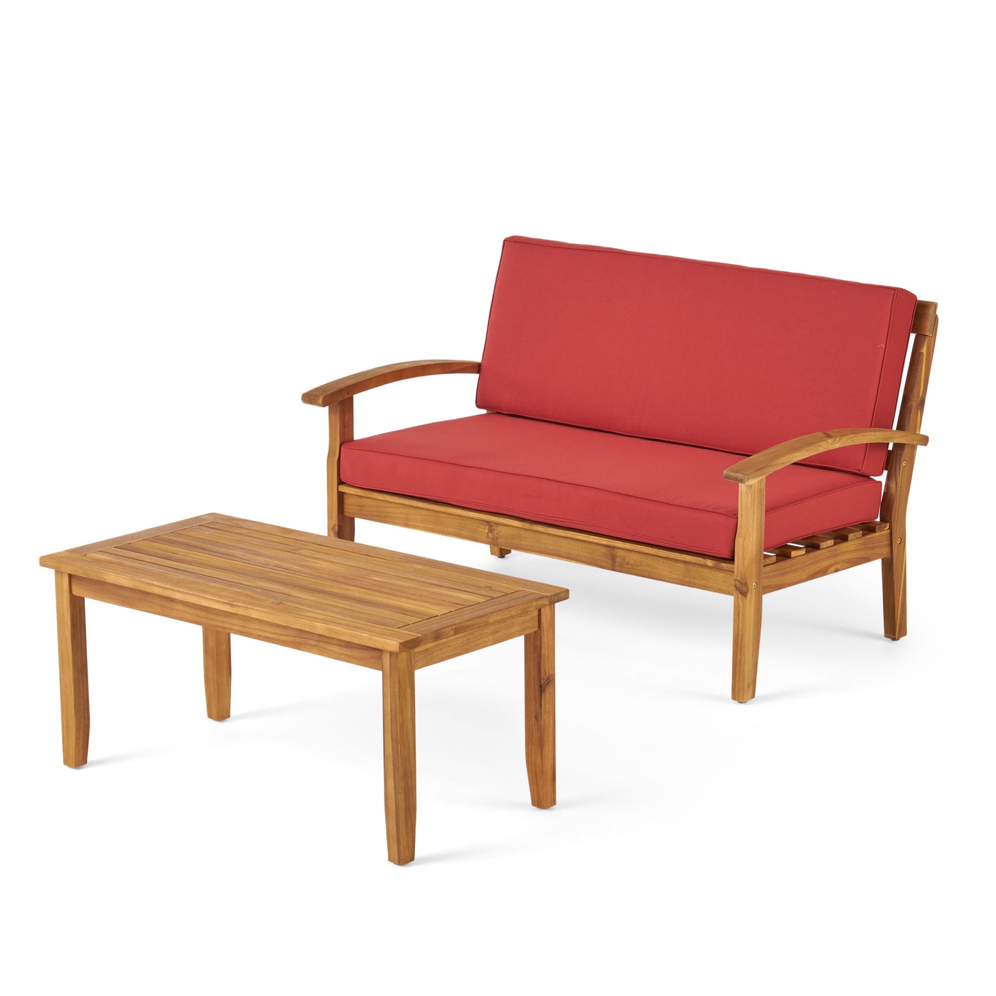 Keanu Outdoor Acacia Wood Loveseat and Coffee Table Set with Cushions