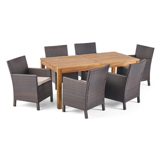 Lilith Outdoor 7 Piece Multibrown Wicker Dining Set with Teak Finished Acacia Wood Expandable Dining Table and Light Brown Water Resistant Cushions