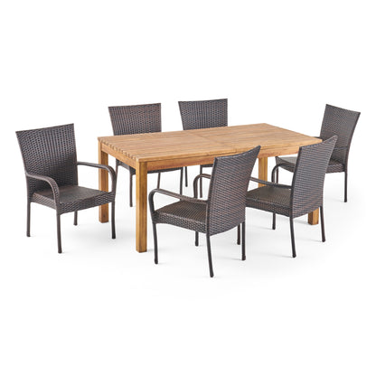 Delilah Outdoor 7 Piece Wicker Dining Set with Wood Expandable Dining Table