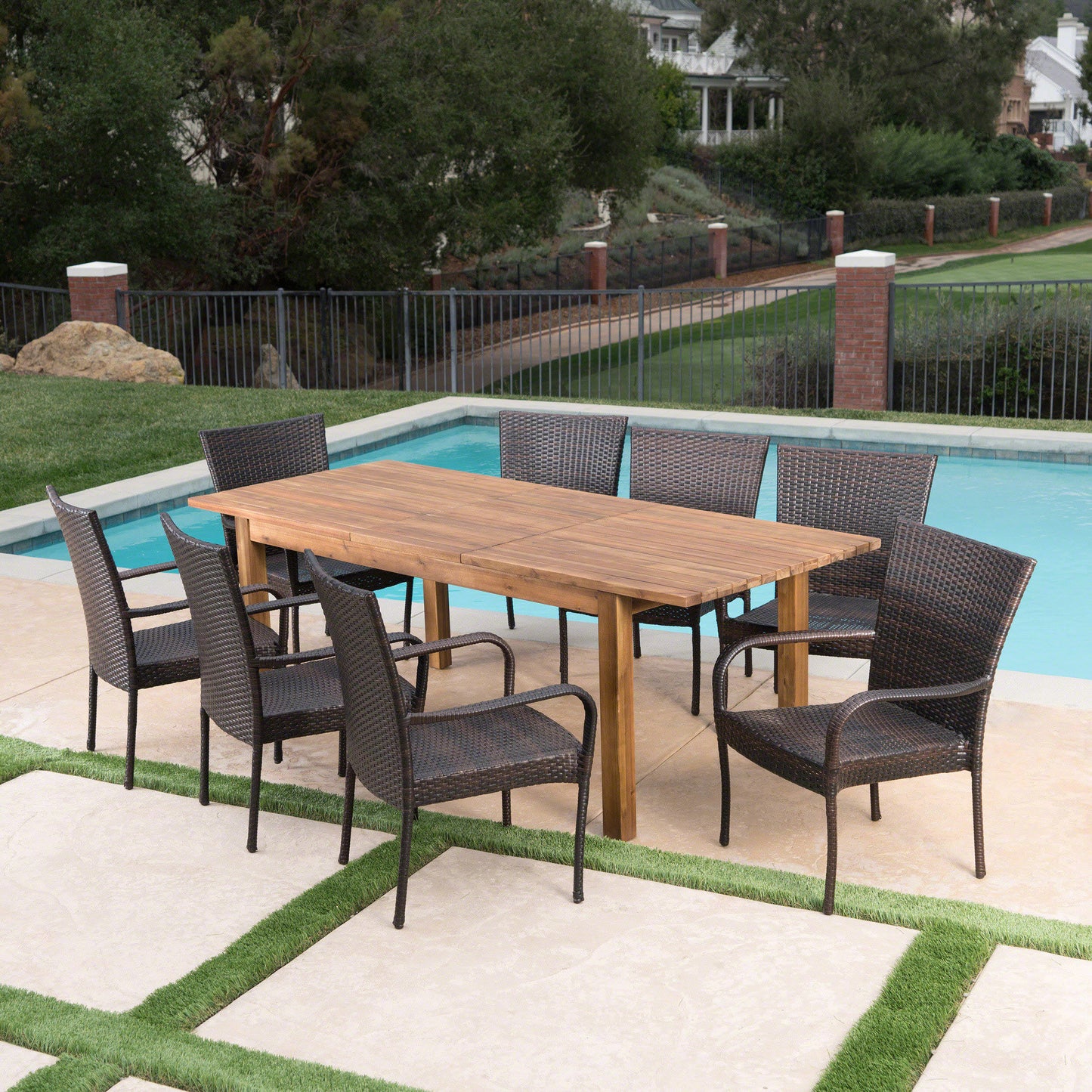 Delilah Outdoor 9 Piece Wicker Dining Set with Wood Expandable Dining Table