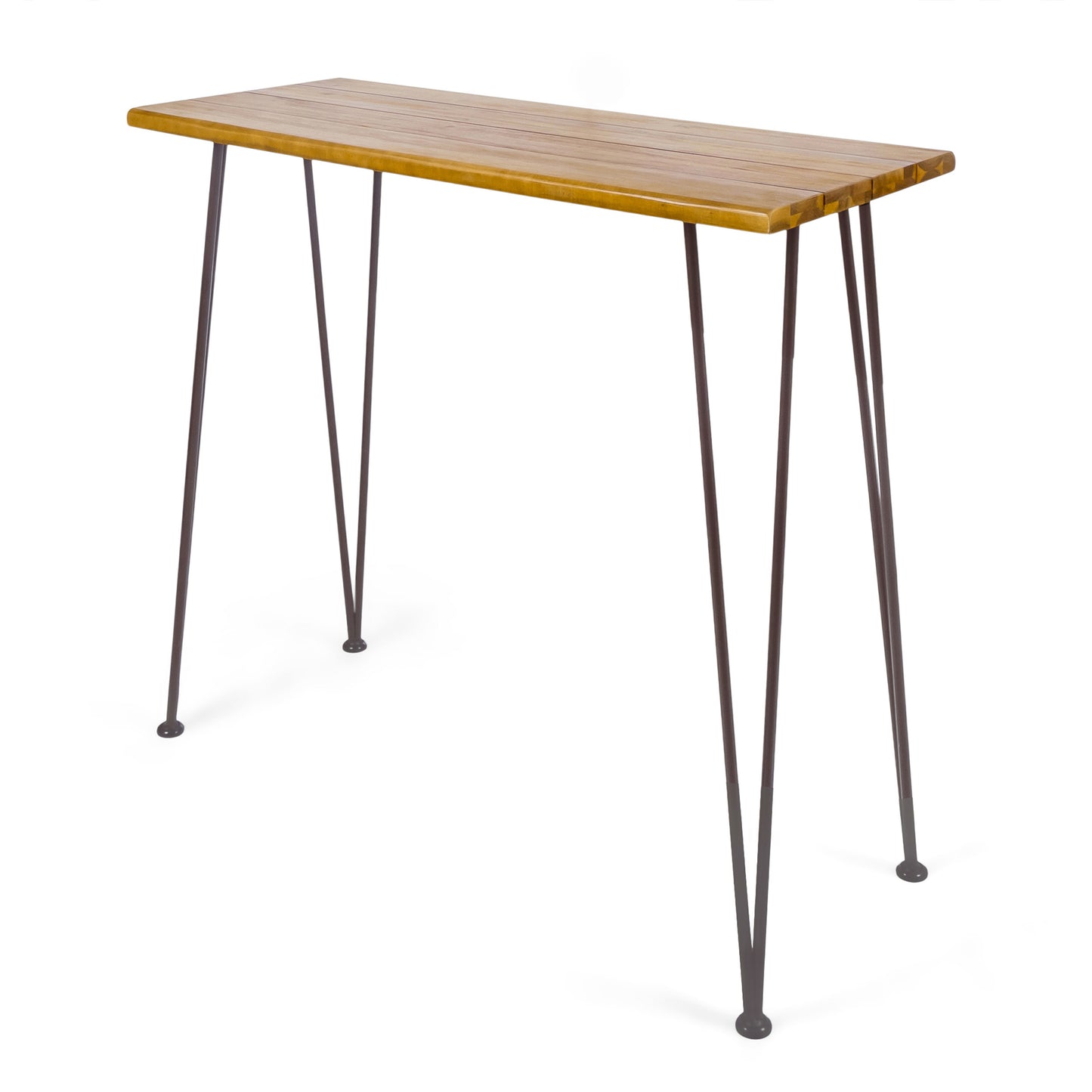 Avy Outdoor Rustic Industrial Acacia Wood Bar Table with Metal Hairpin Legs, Teak