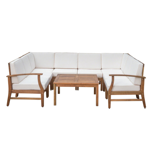 Scarlett Outdoor 8 Seat Teak Finished Acacia Wood Sectional Sofa and Table Set