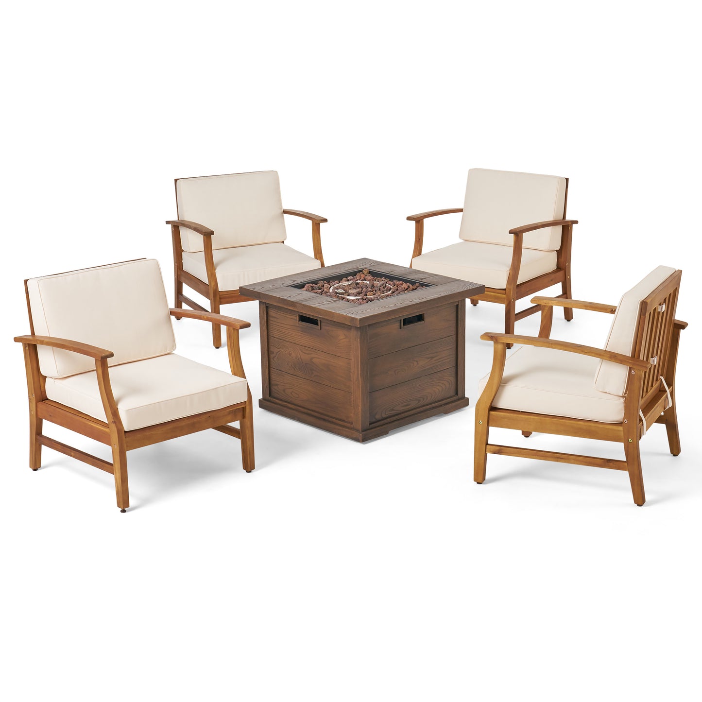 Lilith Outdoor 4 Seat Teak Finished Acacia Wood Club Chairs Fire Pit Chat Set