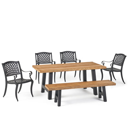 Dorris Outdoor 6 Piece Black Sand Aluminum Dining Set with Light Weight Concrete Table and Bench