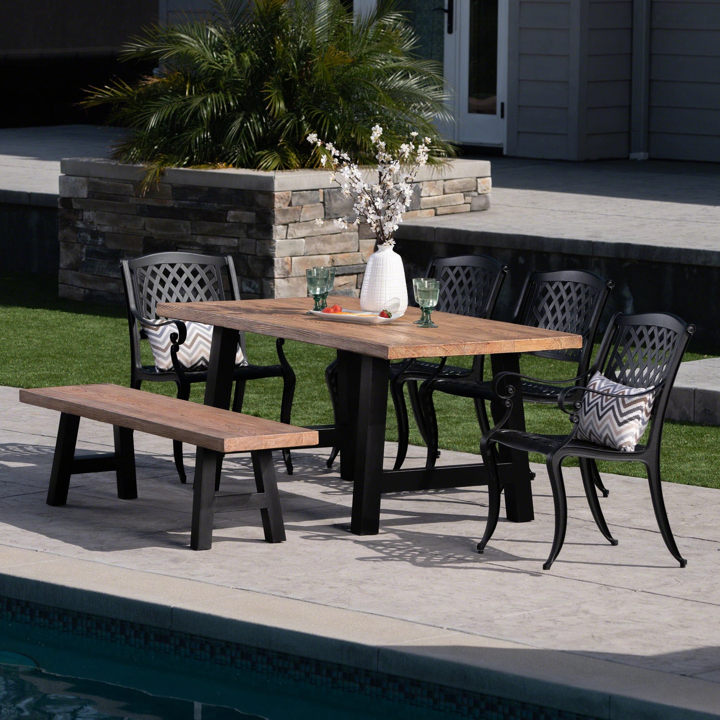 Dorris Outdoor 6 Piece Black Sand Aluminum Dining Set with Light Weight Concrete Table and Bench