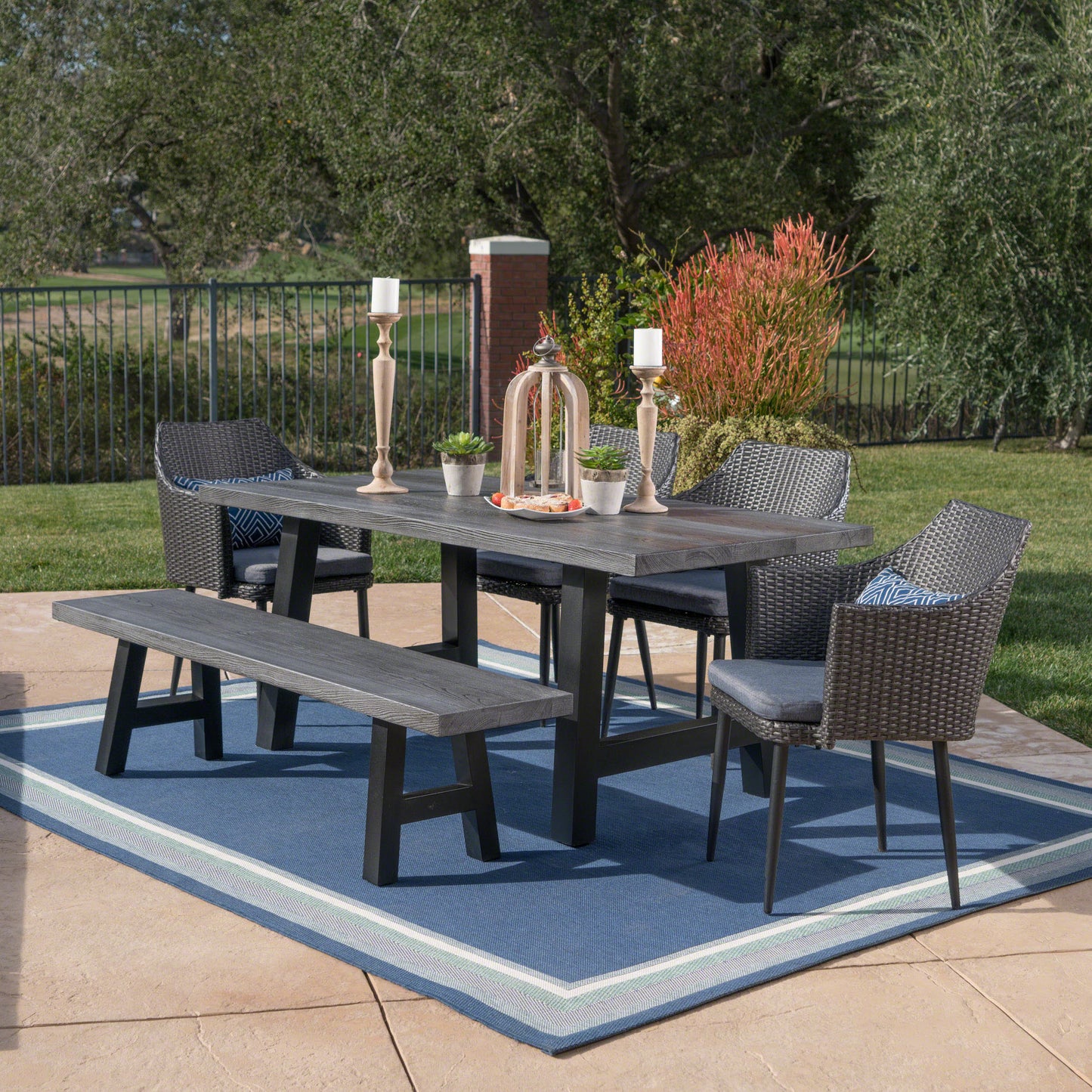 Blanche Outdoor 6 Piece Wicker Dining Set with Concrete Table and Bench