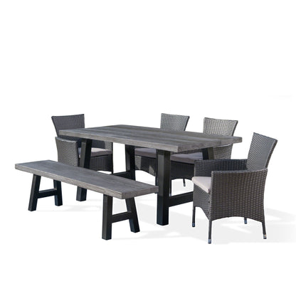 Gina Outdoor 6 Piece Wicker Dining Set with Concrete Table and Bench
