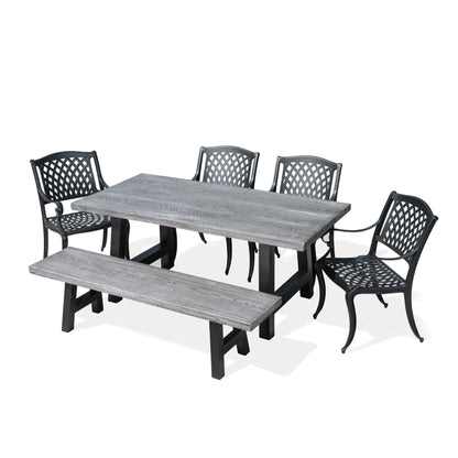 Dorris Outdoor 6 Piece Black Sand Aluminum Dining Set with Light Weight Concrete Table and Bench