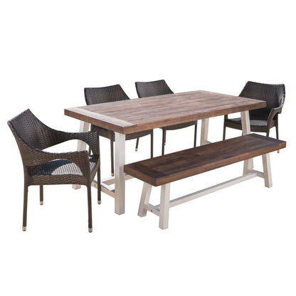 Flora Outdoor 6 Piece Wicker Dining Set with Acacia Wood Table and Bench