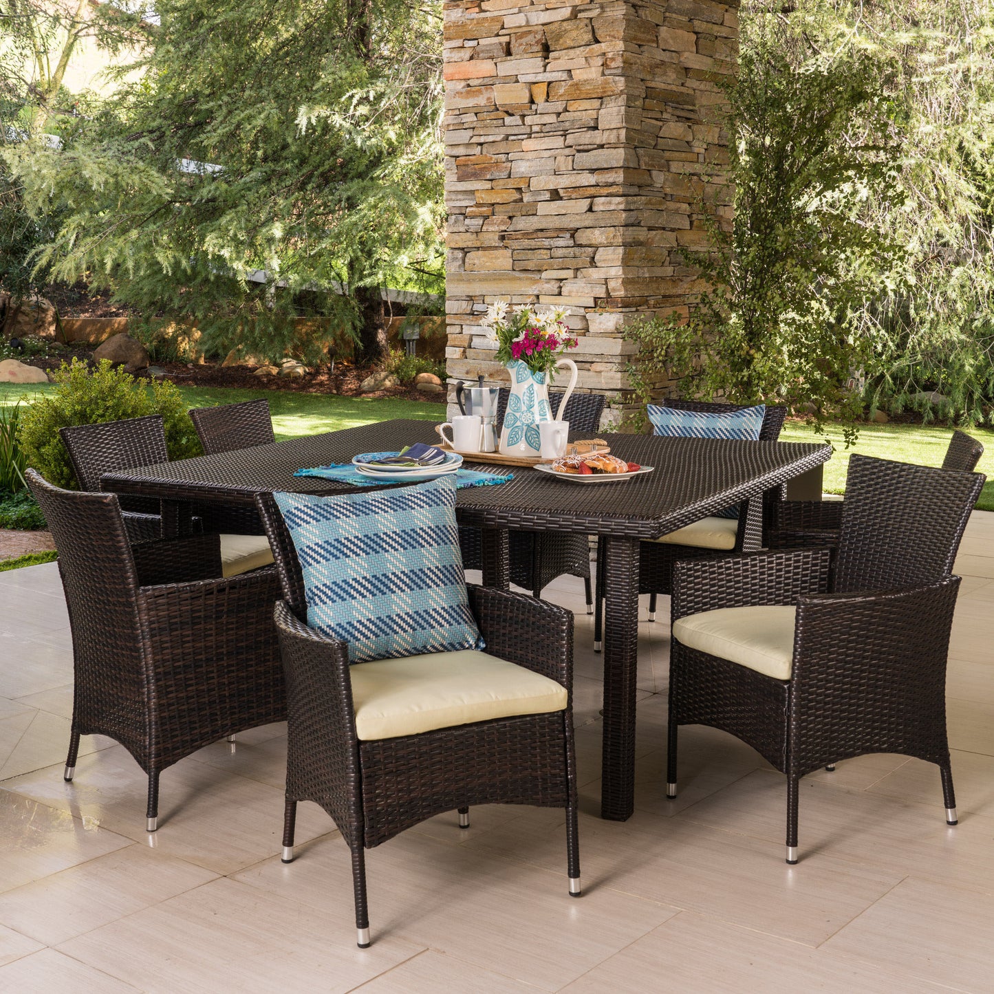 Danae Outdoor 9 Piece Multi-brown Wicker Square Dining Set