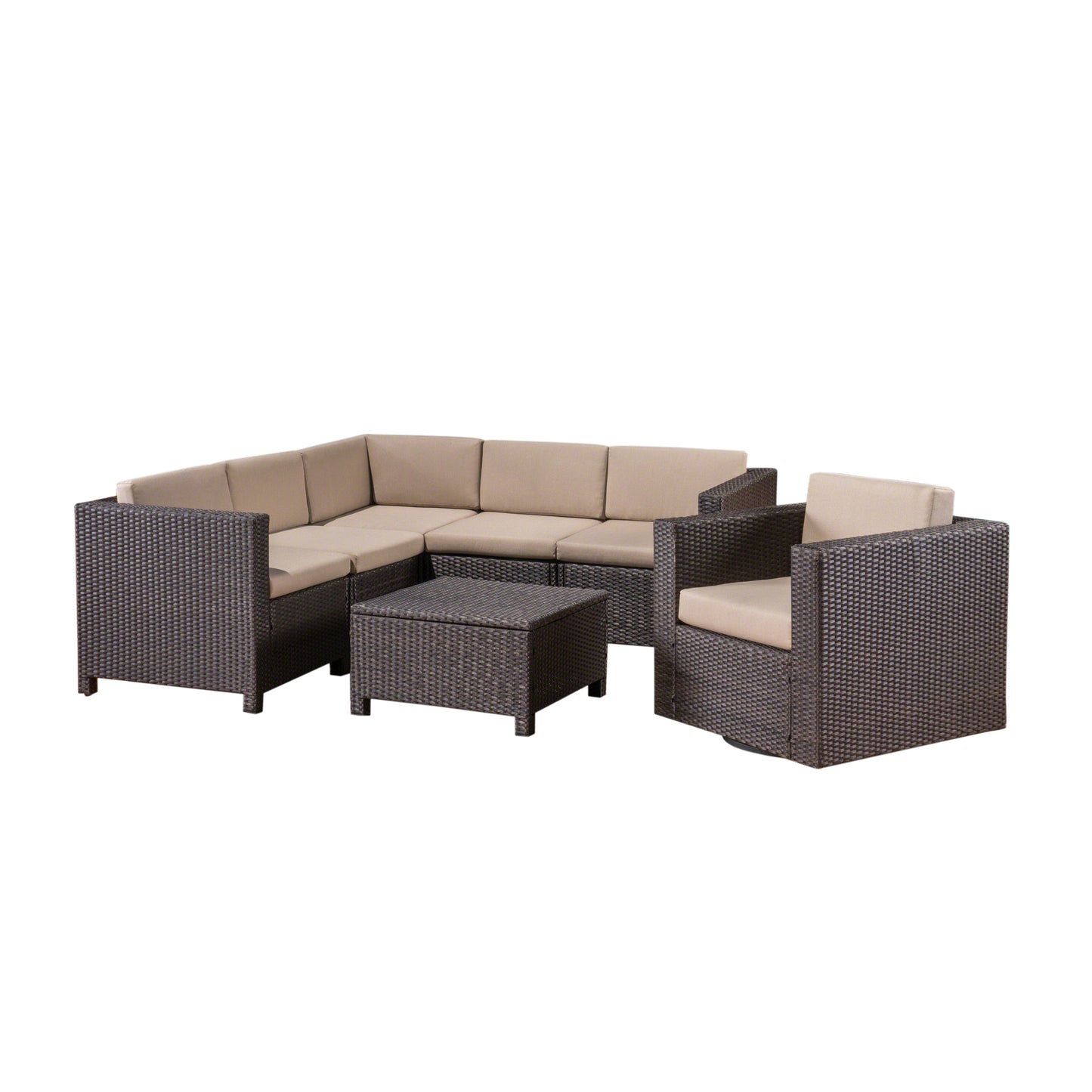 Phillips Outdoor 6 Seater Wicker V-Shaped Sofa and Swivel Chair Set with Water Resistant Cushions