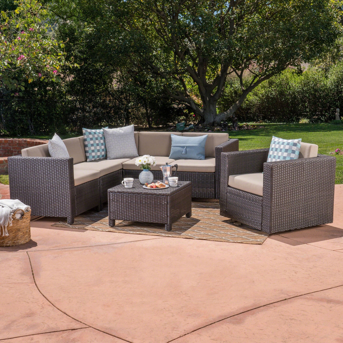 Phillips Outdoor 6 Seater Wicker V-Shaped Sofa and Swivel Chair Set with Water Resistant Cushions