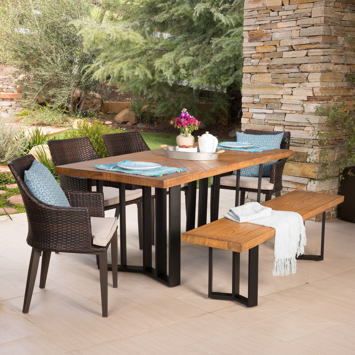 Valby Outdoor 6 Piece Wicker Dining Set with Concrete Dining Table and Bench