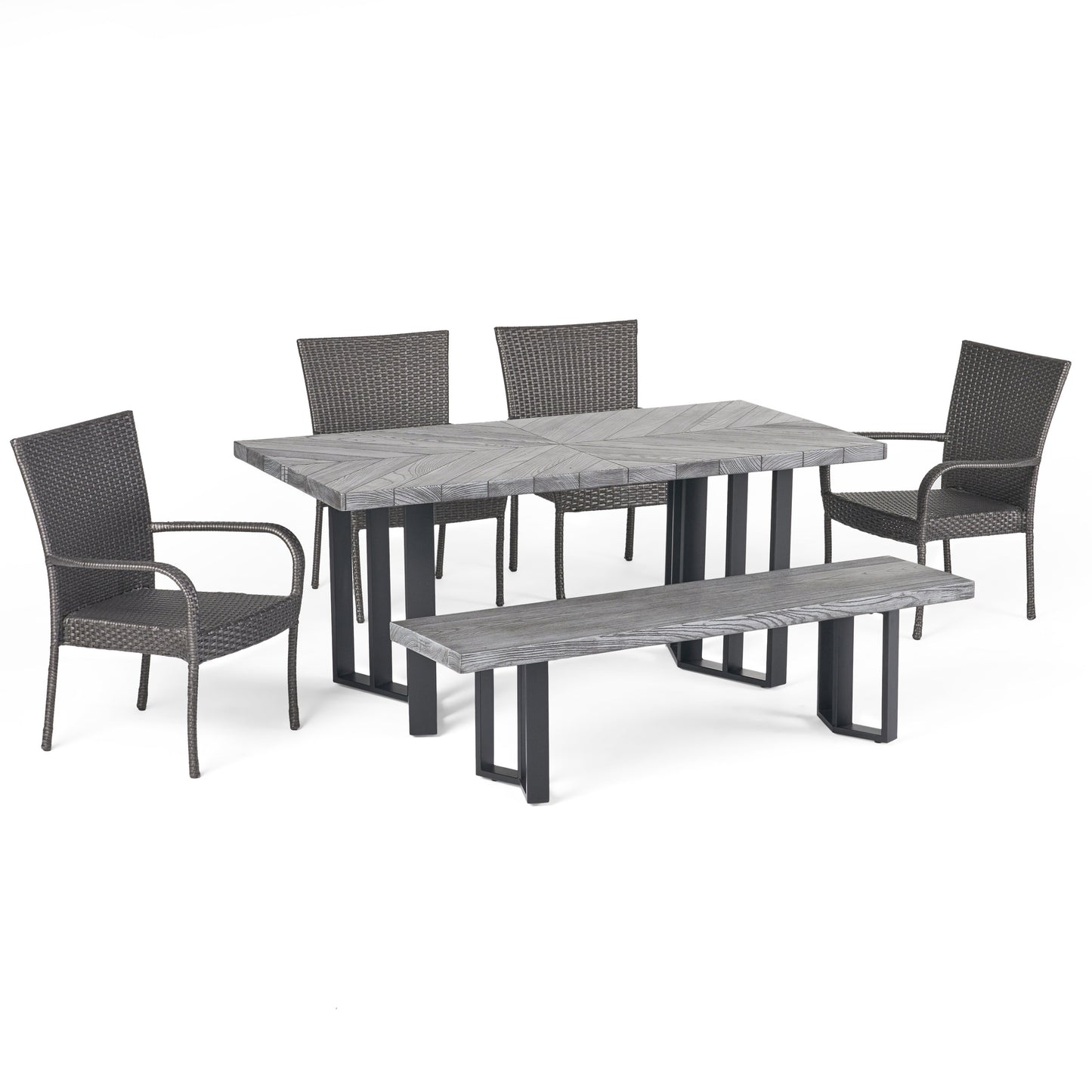 Fiona Outdoor 6 Piece Wicker Dining Set with Concrete Dining Table and Bench