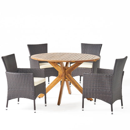 Jacob Outdoor 5 Piece Multibrown Wicker Dining Set with Teak Finish Circular Acacia Wood Dining Table and Beige Water Resistant Cushions